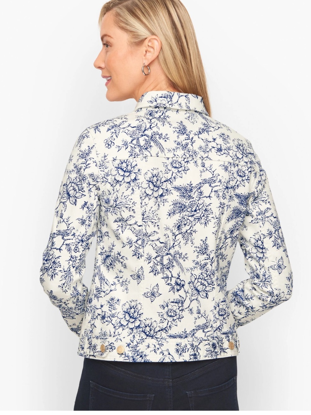 Talbots Plus 2X White and Navy Classic Stretch Denim Jacket Bird Toile - Picture 13 of 13